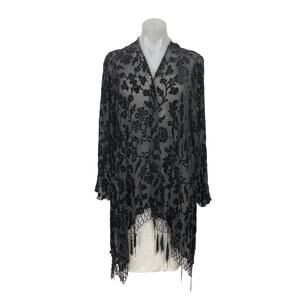 4 Love and Liberty Black Floral Burnout Velvet Jacquard Kimono Fringe Cardigan S